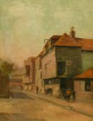 Australian School, 'Sydney 1906', warehouses in a road with figures, oil on canvas, inscription