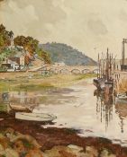 Early 20th Century, 'Looe', a harbour view with bridge and boats and the tide out, oil on canvas,