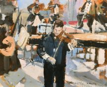 John Boyce (20/21st Century), a violin soloist amongst an orchestra, oil on board, 10