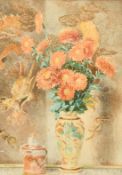 J.D. Newham, A still life of orange daisies in a porcelain vase, watercolour, signed, 20.5