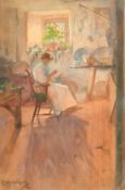 Edward Read, Circa 1891, female figure seated in a cottage interior, watercolour, signed and