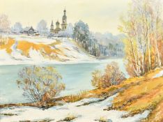 20th Century Russian School, a view of a church beyond a river, oil on canvas, signed in Cyrillic