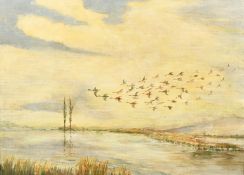 Possibly Irish School, Teal diving over a weir on the river Barrow (Carlow -Kildare), oil on