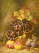 R. Casper (20th Century) Still life of fruit, apples, plums, raspberries and grapes in a basket, oil