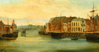 T. Elliot (circa 1893), Boats moored along a town quay, oil on canvas, signed, 10