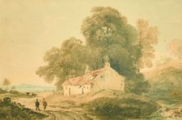 Circle of Copley Fielding, Figures on rustic track by a cottage, watercolour, label verso, 5