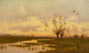 Late 19th Century School, a river landscape at dusk, oil on canvas, 12.5