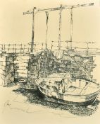 John Uzzell Edwards (1934-2014) Welsh School, a boat moored by a quay, ink, signed, 25