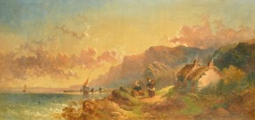 Attributed to Joseph Horlor, figures by a cottage on a coastal pathway, oil on canvas, signed with