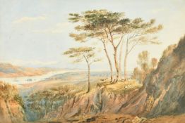 A figure and goats resting under trees, with an extensive river landscape beyond, watercolour, 12.
