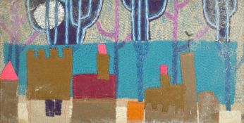 Sandra Ewing, a fabric collage composition of buildings in a landscape, 7