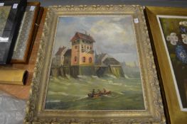 Dutch school, buildings by a choppy sea, oil on canvas.