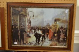 Victorian fire fighters, colour print.