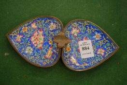 An enamel double heart shaped tray.