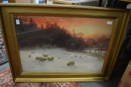 After Farquharson, sheep grazing in a snowy landscape, colour print and another similar.