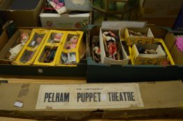 A good collection of Pelham puppets, mostly boxed together with a Pelham puppet theatre, boxed.