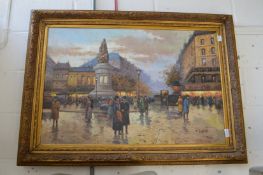 Busy street scene with figures, horse and carts, oil on canvas, signed, in a decorative gilt frame.