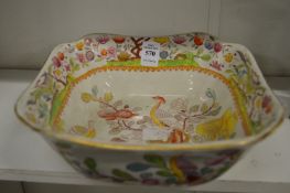 A Masons ironstone square shaped bowl decorated with birds.