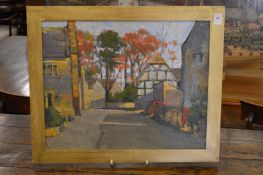 A rural street scene with half-timbered buildings and trees, oil on board.