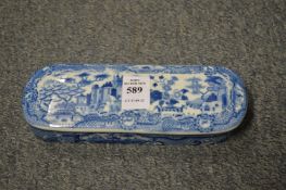 A blue and white pottery box and cover.