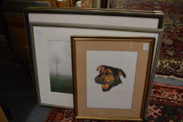 Four decorative paintings and prints.