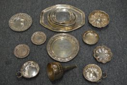 A silver wine funnel, wine tasters, continental silver items etc.