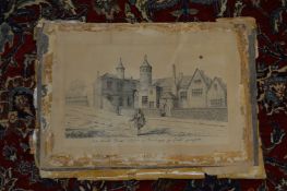 Engraving of a figure outside Brook house.