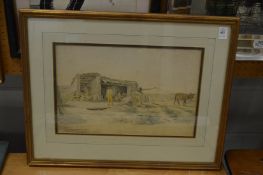 Watercolour depicting stonemasons repairing a barn.