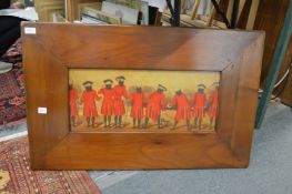 A couple of pictures depicting gentleman wearing crimson coats in a broad hardwood frame.