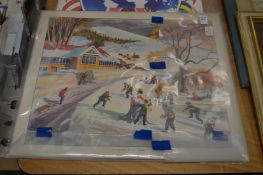 Playing in the snow, colour print and numerous other similar prints, all unframed.