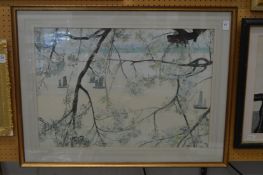 A 20th century Chinese school, boats on a lake, watercolour and gouache.