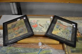Garden scenes, watercolours, a pair and three Chinese pictures.