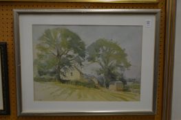 Rural landscape with trees and buildings, watercolour.