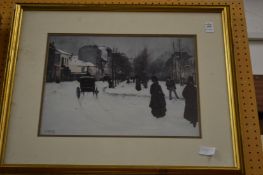 Winter street scene with figures and horse and carts, colour print.