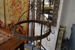 A wrought iron chandelier.