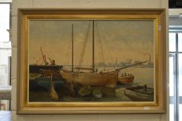 Anthony Flemming, moored fishing boats, oil on board, signed.