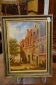 Continental street scene with red brick buildings, oil on board.
