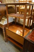A teak table and drop flap trolley.