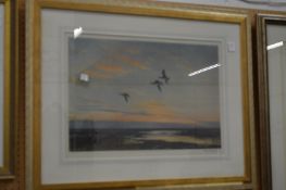 Peter Scott, flying birds at dusk, lithograph, signed in pencil.