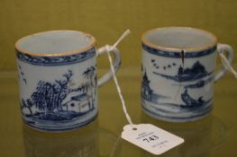 Two small Chinese blue and white mugs.