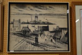 Jacques Petit, charcoal drawing of a river scene.