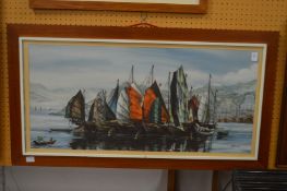 A Chinese picture on fabric depicting a waterfront in Singapore.