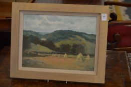 Rural landscape with stooks of corn, oil on board.