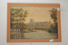 River scene with a castle in the distance, oil on board.