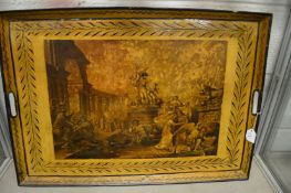 A good large rectangular toleware twin handled tray decorated with a classical scene.