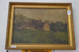 Rural landscape with farm buildings, oil on canvas (af).