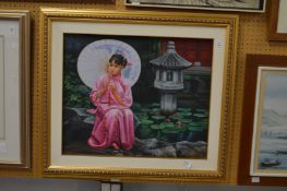 Asian lady with a parasol, oil on canvas.