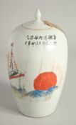 A CHINESE PORCELAIN TEA JAR AND COVER. 9ins high.