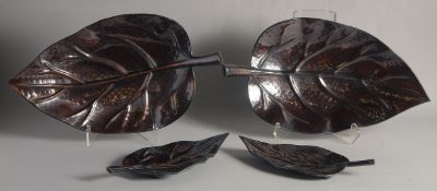 TWO PAIRS OF LIBERTY'S COPPER AND BRONZE LEAF TRAYS. 20ins long & 12ins long.