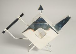 A LARGE CHRISTOPHER DRESSER DESIGN SLIVER PLATED TEA POT. 10ins high.